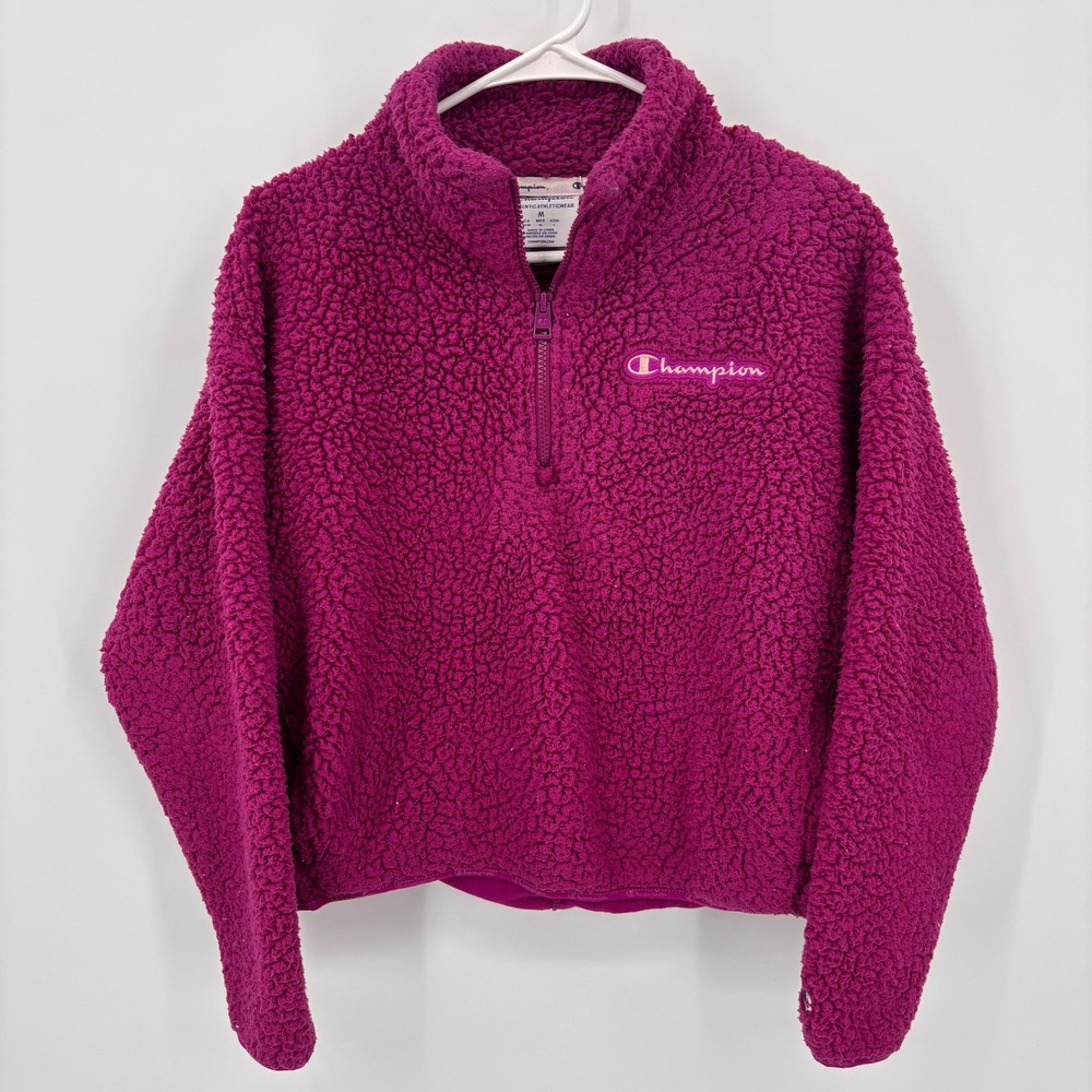 Champion Sherpa Fleece Pullover Womens Medium Magenta Excellent Quarter-Zip Crop